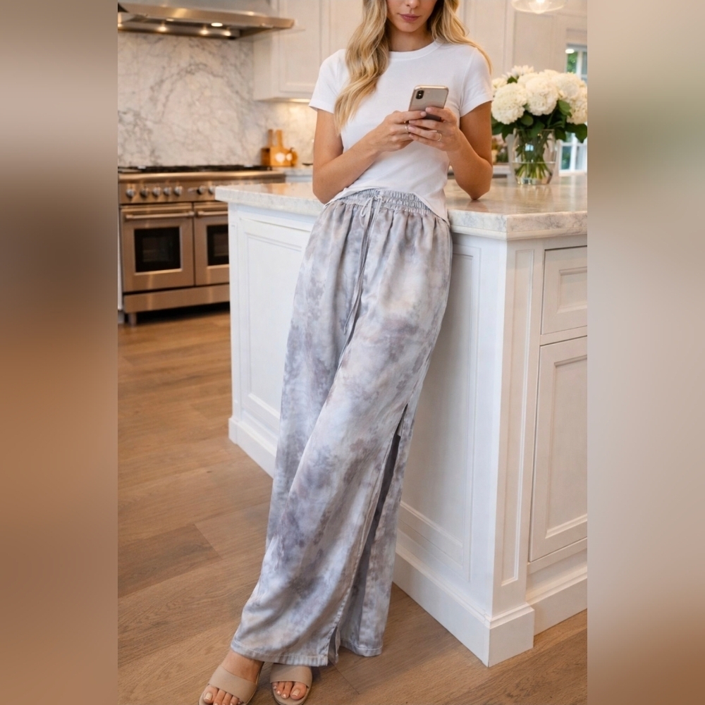 Weeks Weatherly Silver Gray Marble Satin Look Wide Leg Pants Lounge Boho - L